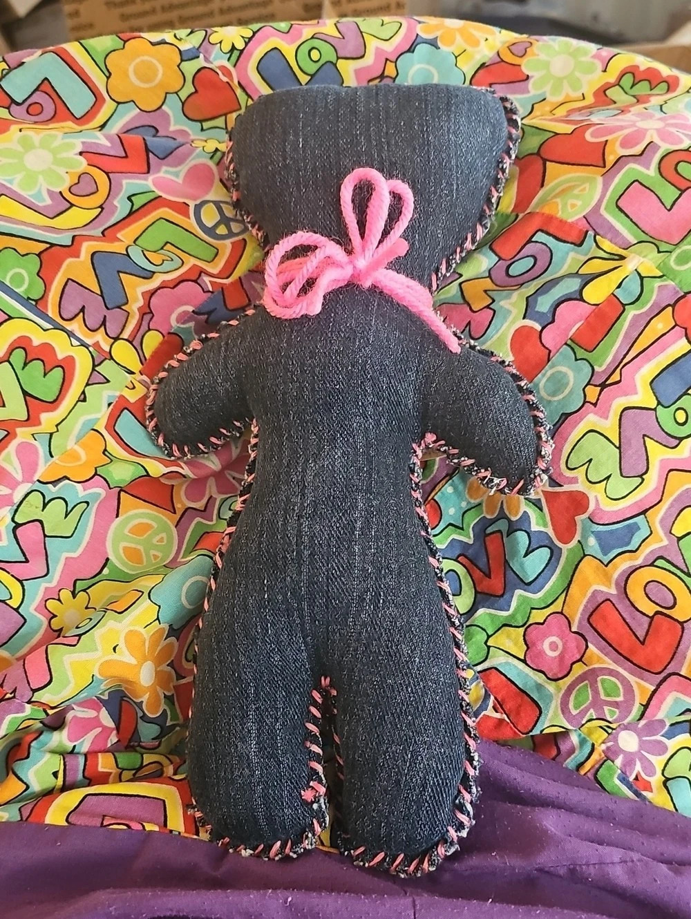 Hand Crafted 10" Denim Doll Pink, Blue, Black - Picture 2 of 2